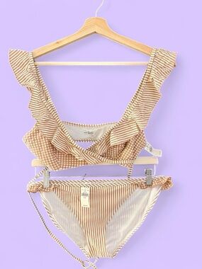 aerie Striped Ruffle Bikini in Beige & White
